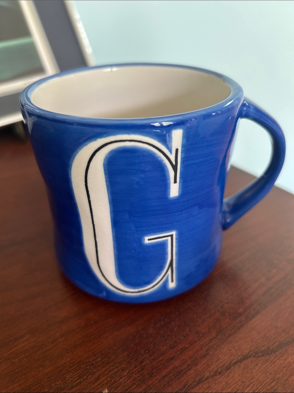 Anthropologie Blue Ceramic Mug with White 'G' Monogram